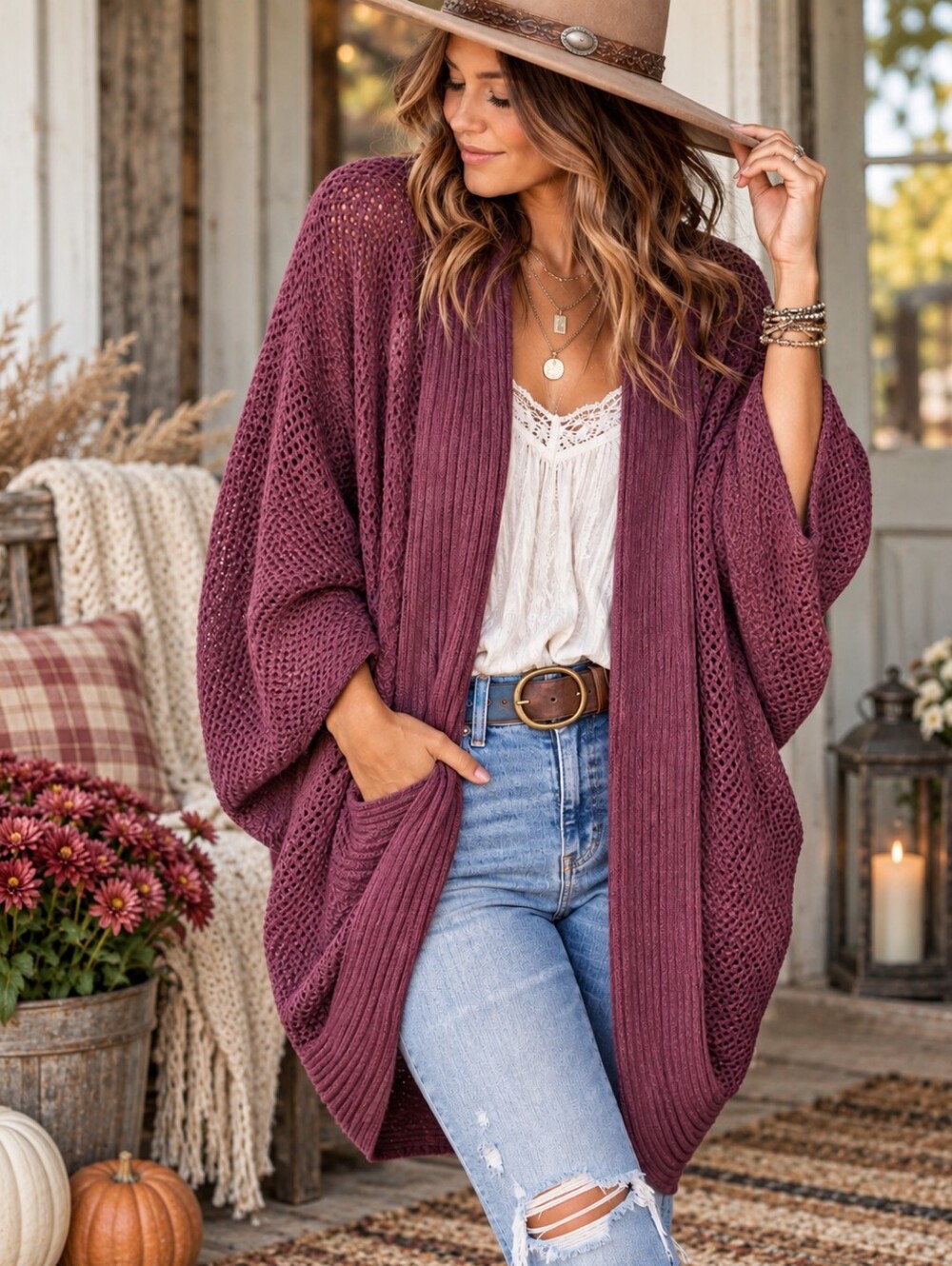 prAna Lima Cardigan L Black Cherry Heather Open Knit Cocoon NWT